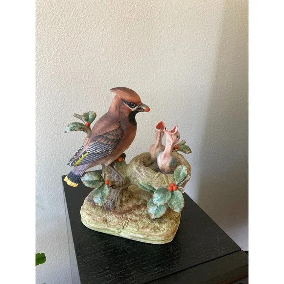 VTG Cedar Waxwing by Andrea Sadek bird feeding two baby birds in nest. - Picture 2 of 4